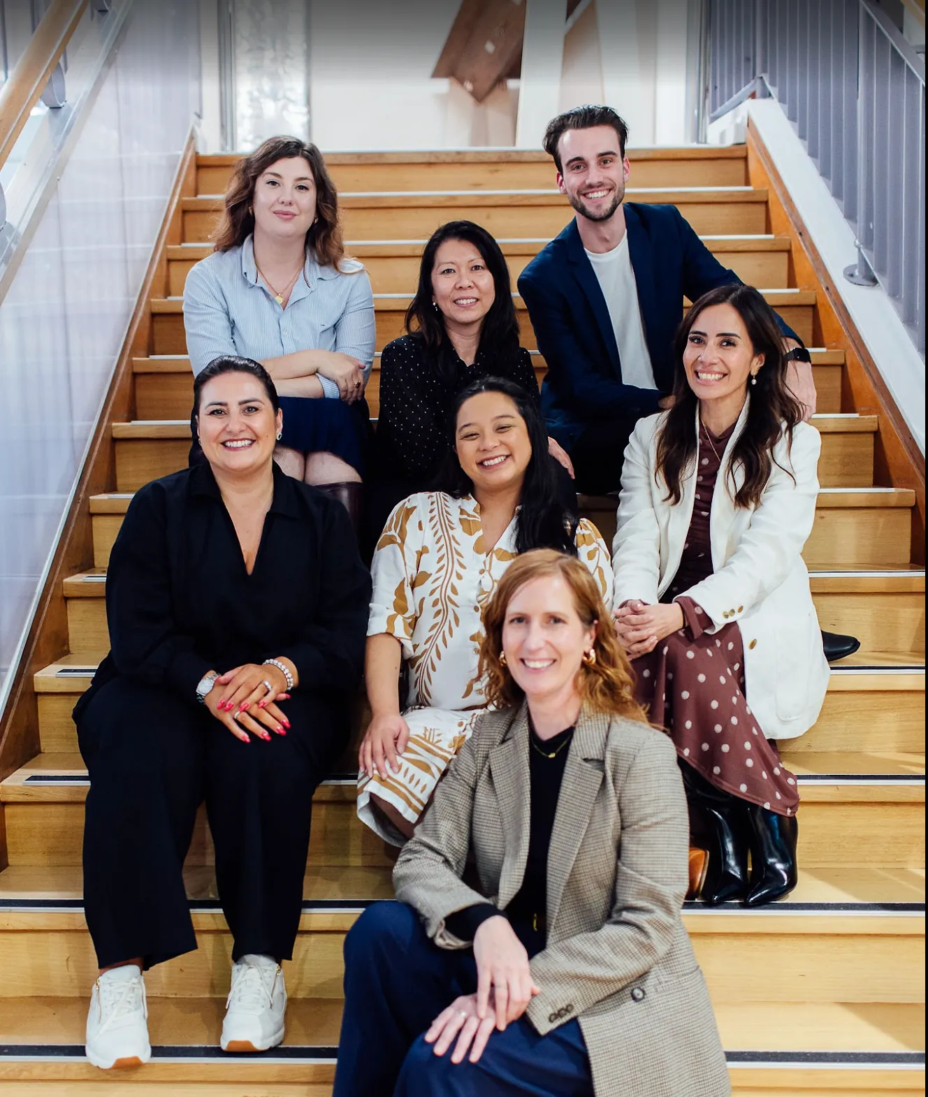 The Gradstack team sitting together on an office staircase